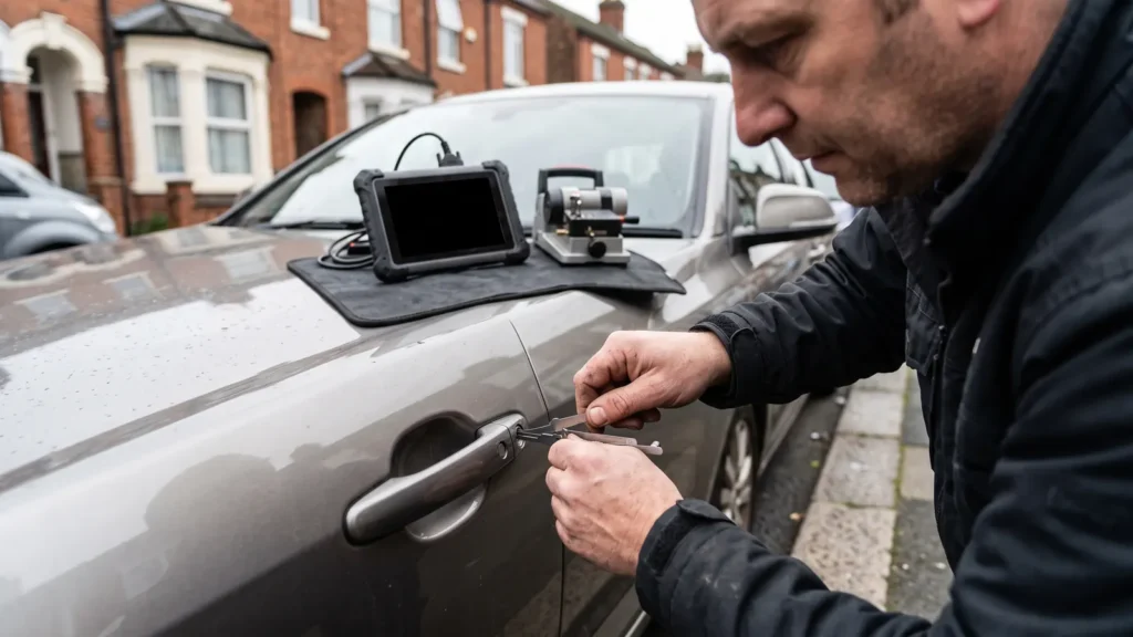 Auto locksmith working on a car door lock in Bedford
