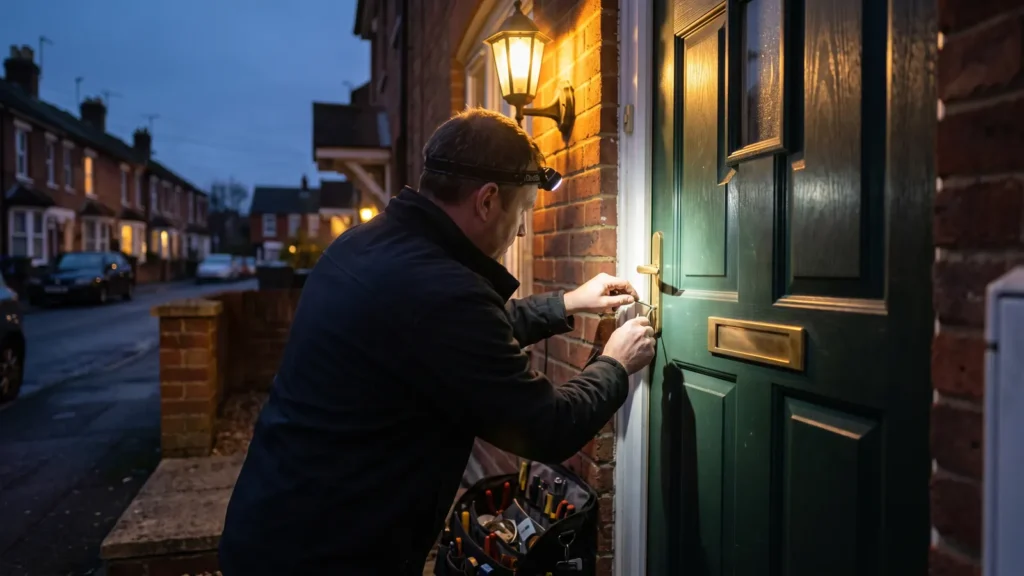 Locksmith working on a front door lock during an evening callout in Enfield