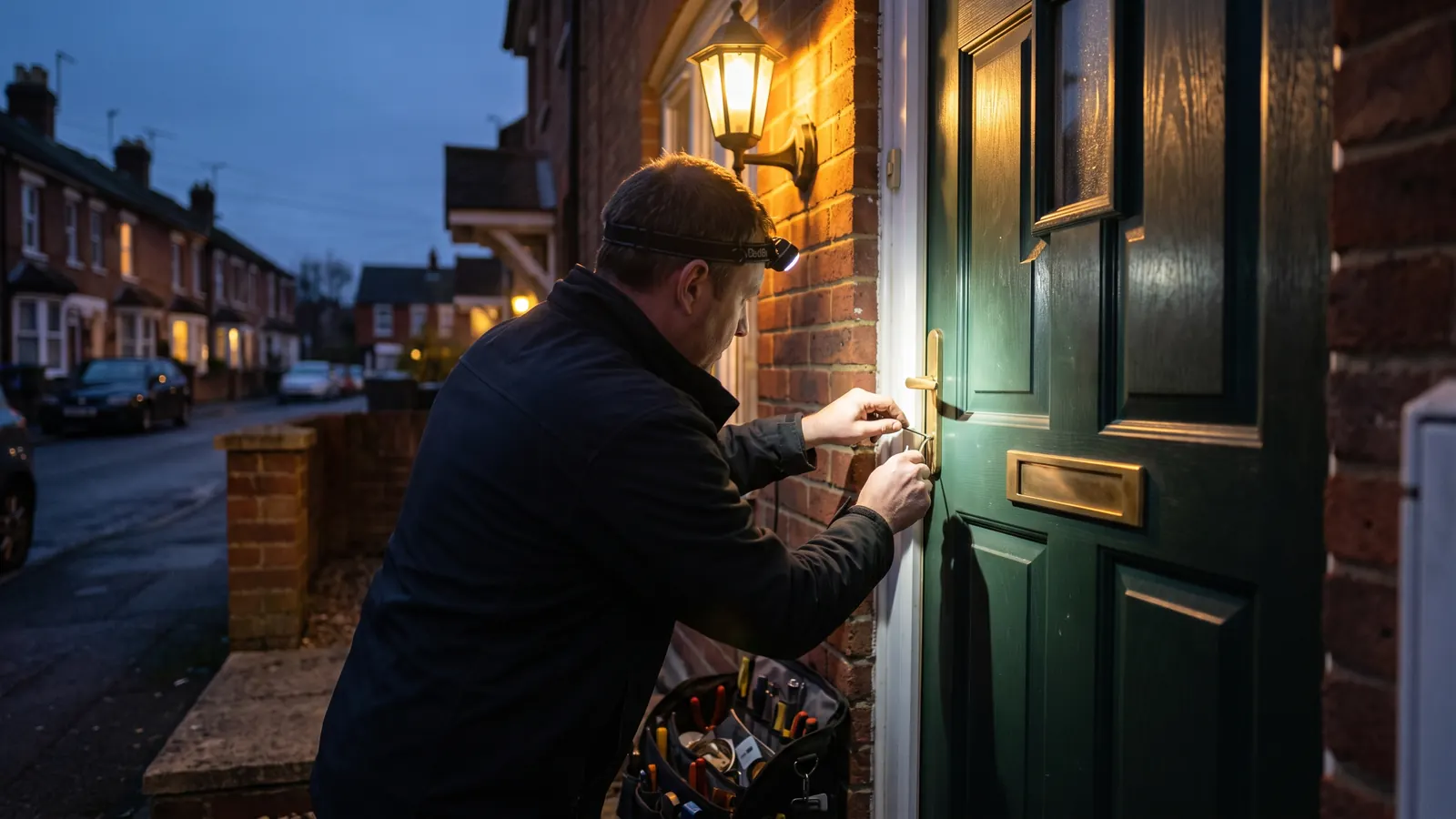 Locksmith working on a front door lock during an evening callout in Enfield