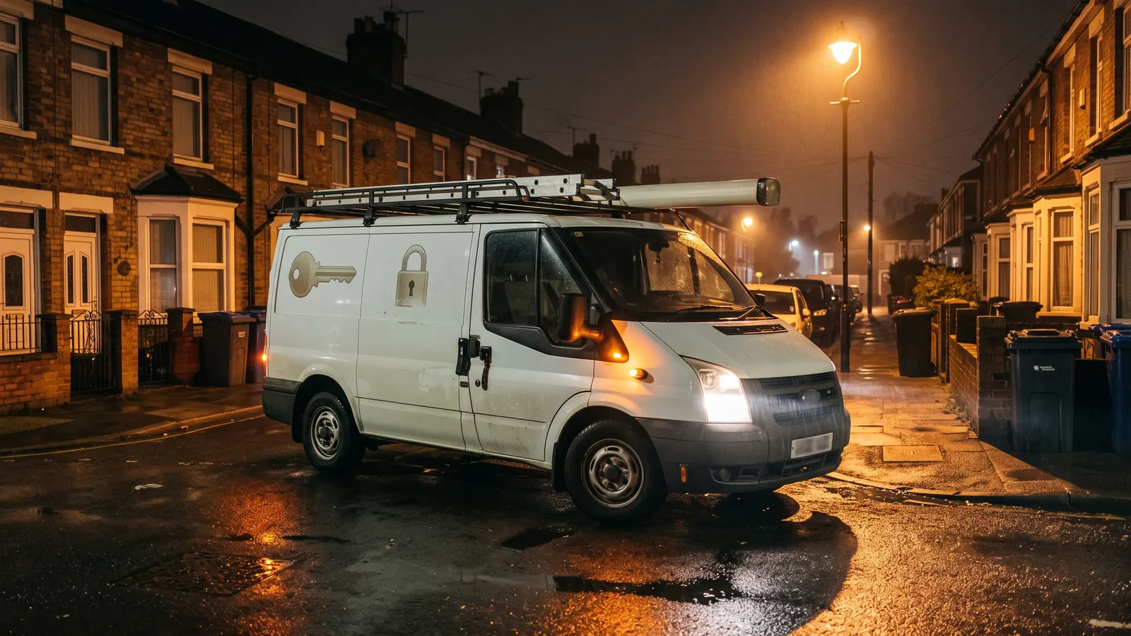 Locksmith van parked on a residential street at night in Enfield