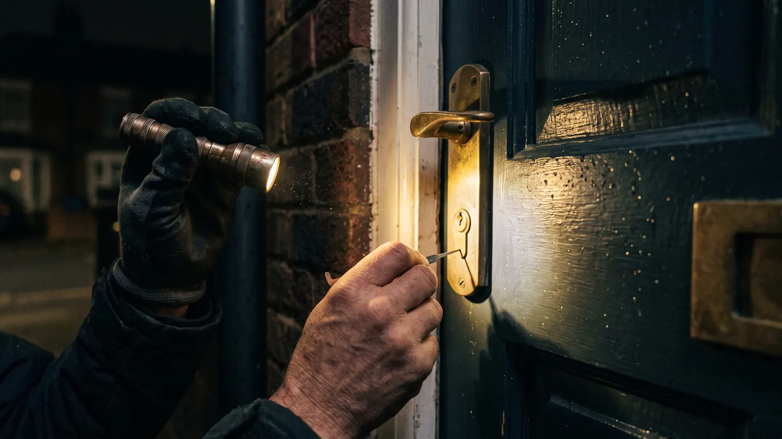Locksmith using a torch to work on a door lock at night in Enfield