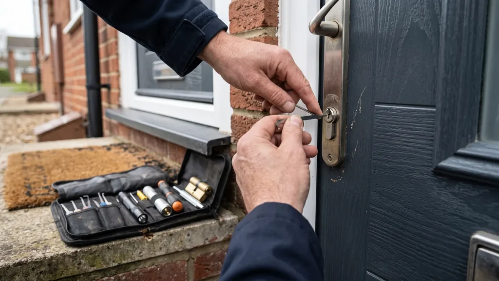 Locksmith fitting a front door lock cylinder in Harlow