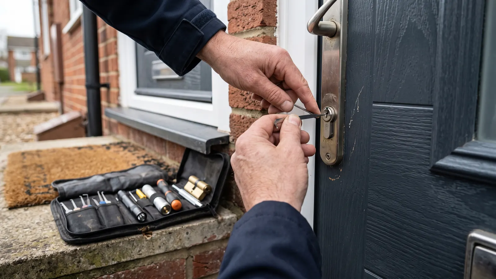 Locksmith fitting a front door lock cylinder in Harlow