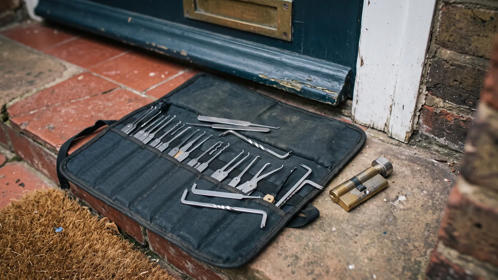 Locksmith tool kit laid out on a doorstep in Harlow