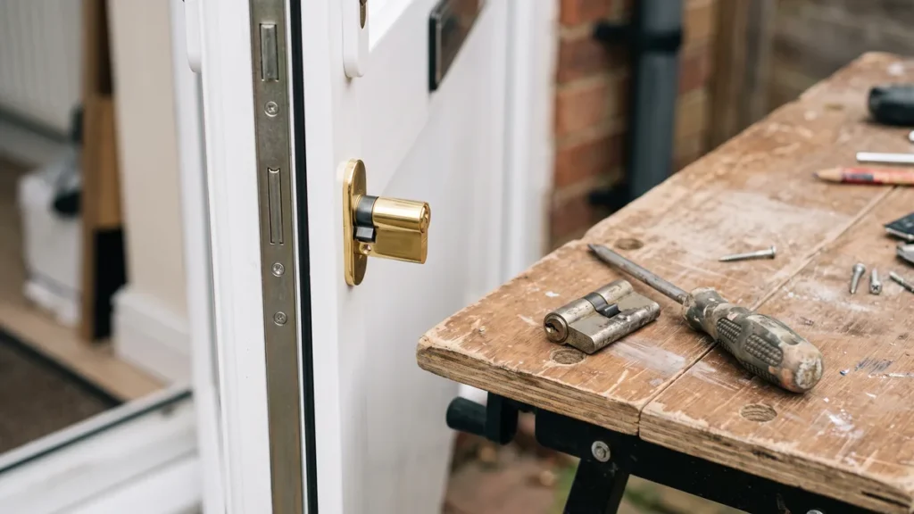 New brass euro cylinder lock being fitted into a white uPVC door