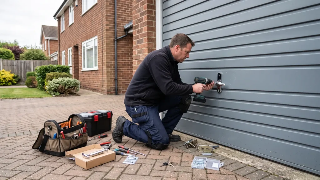 Locksmith fitting a new garage door lock