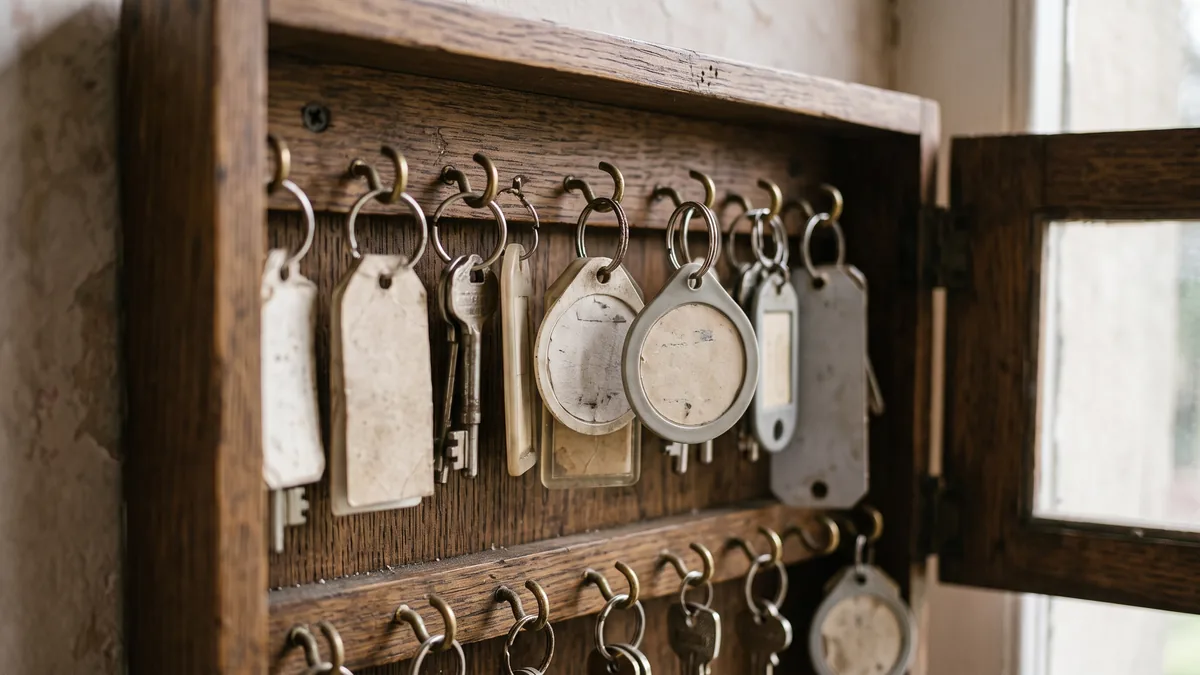 Wooden key cabinet with labelled key tags hanging on hooks