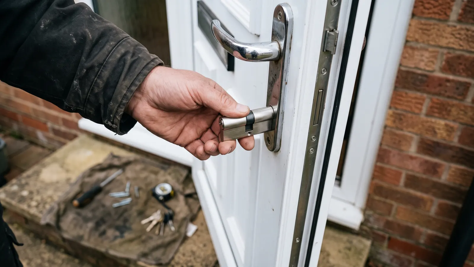 Locksmith fitting a new euro-cylinder lock on a uPVC door in Brentwood