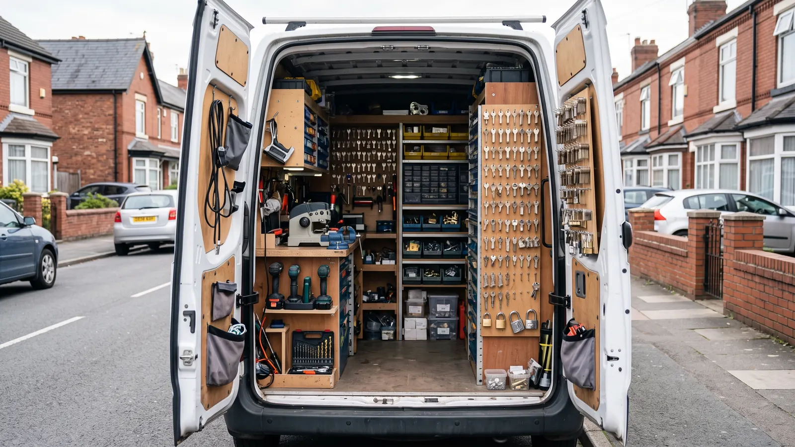 Organised tools and key blanks inside a Brentwood locksmith van