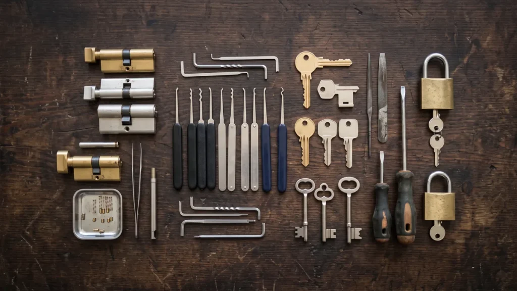 Locksmith tools, cylinders and keys laid out on a wooden bench