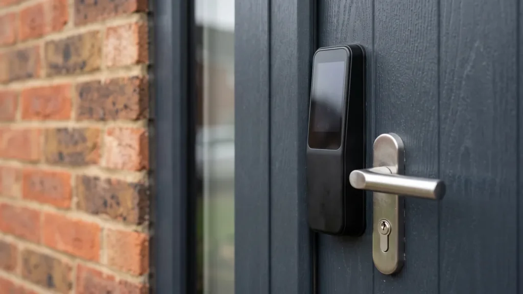 Smart lock keypad beside a handle on a grey front door