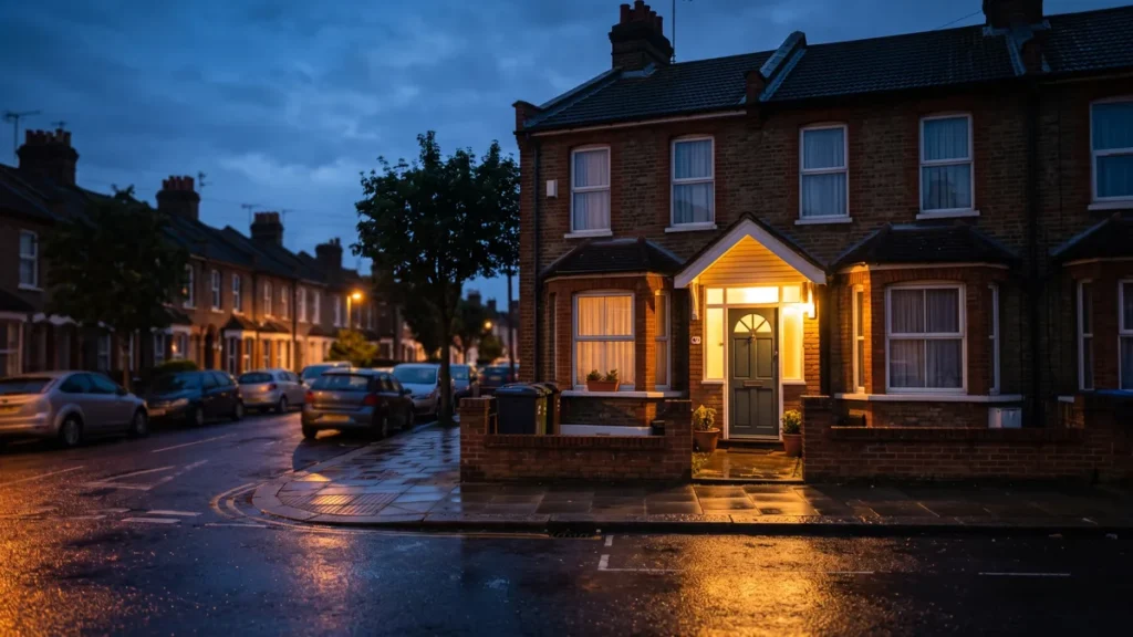 Terraced house front door with the porch light on at night