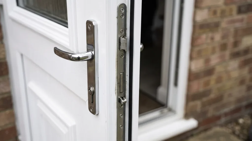 Multipoint lock and handle on a white uPVC door