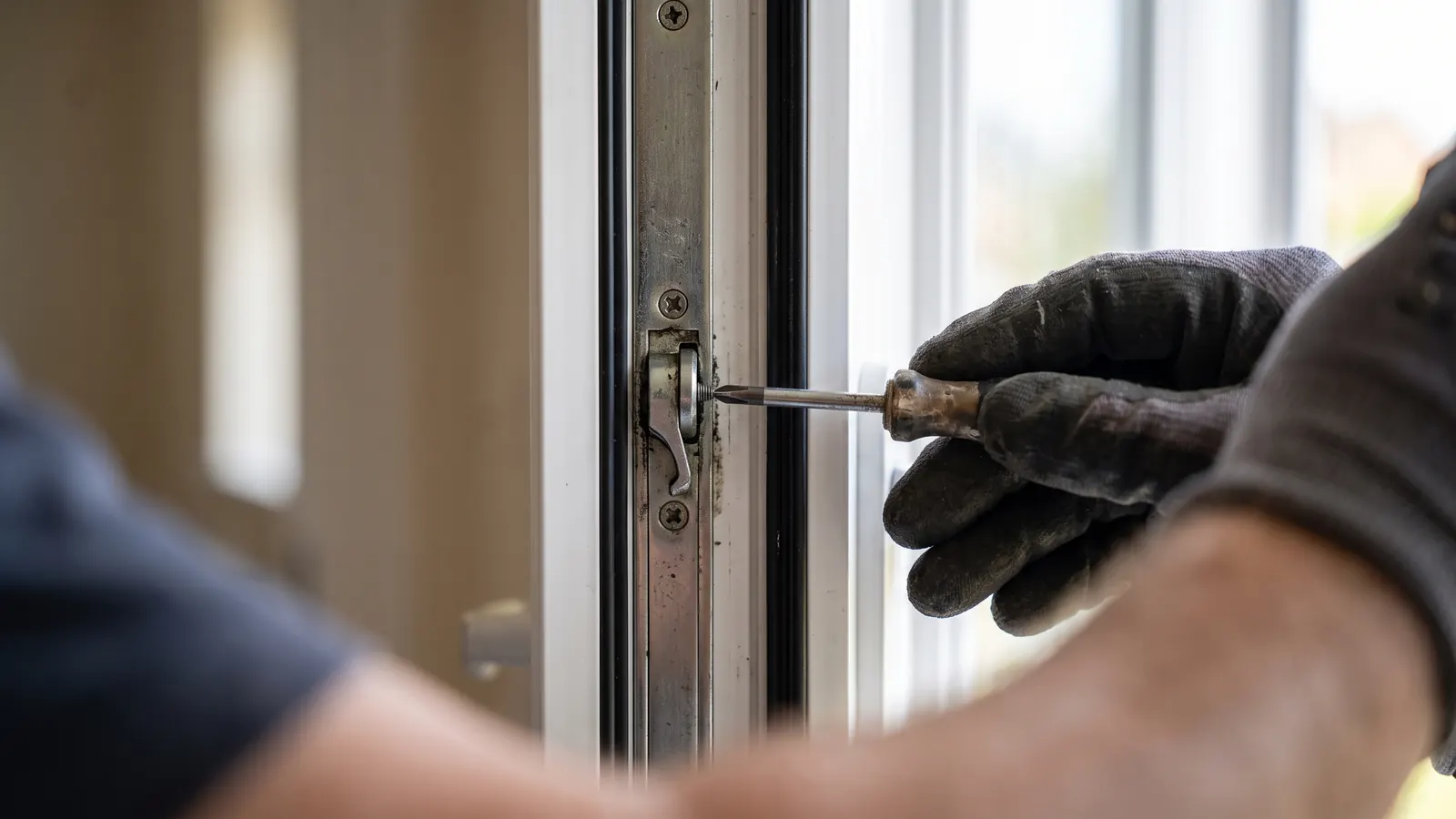 Close-up of a uPVC door multi-point locking mechanism
