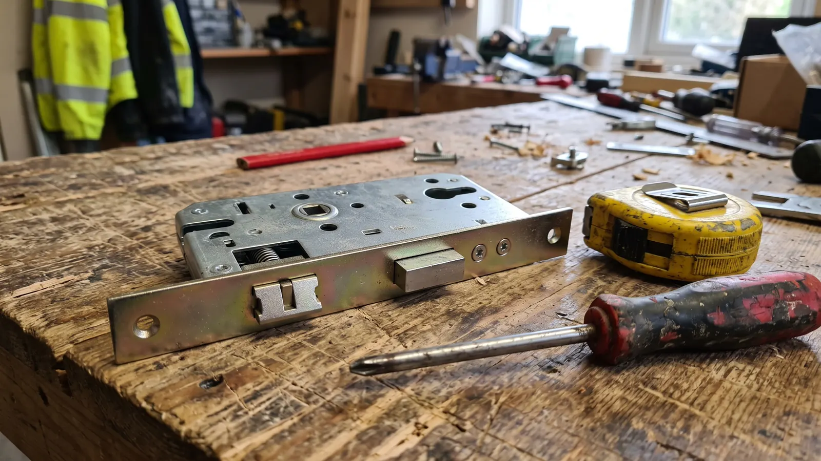 Replacement uPVC door lock gearbox on a workbench