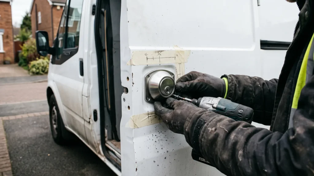 Locksmith fitting a deadlock to a van door